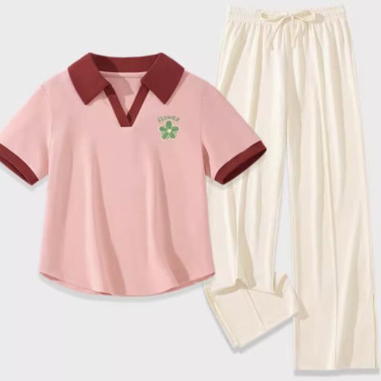 冰絲開衩褲子兩件套【淺粉色（清雅花）+米白褲】【S-2XL碼】（下單後請聯絡客服確認發貨尺碼）#K011002672