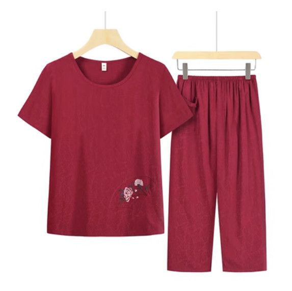 夏季中老年兩件套套裝（棗紅色）【尺碼：XL-3XL】【下單後聯絡客服確認發貨尺碼】F203013165
