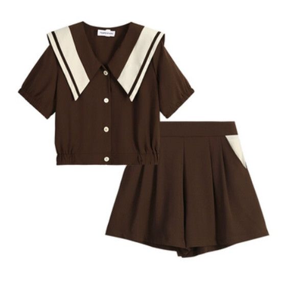 撞色短袖+短褲套裝【咖啡色】【L-4XL碼】（下單後請聯絡客服確認發貨尺碼）#K011004308