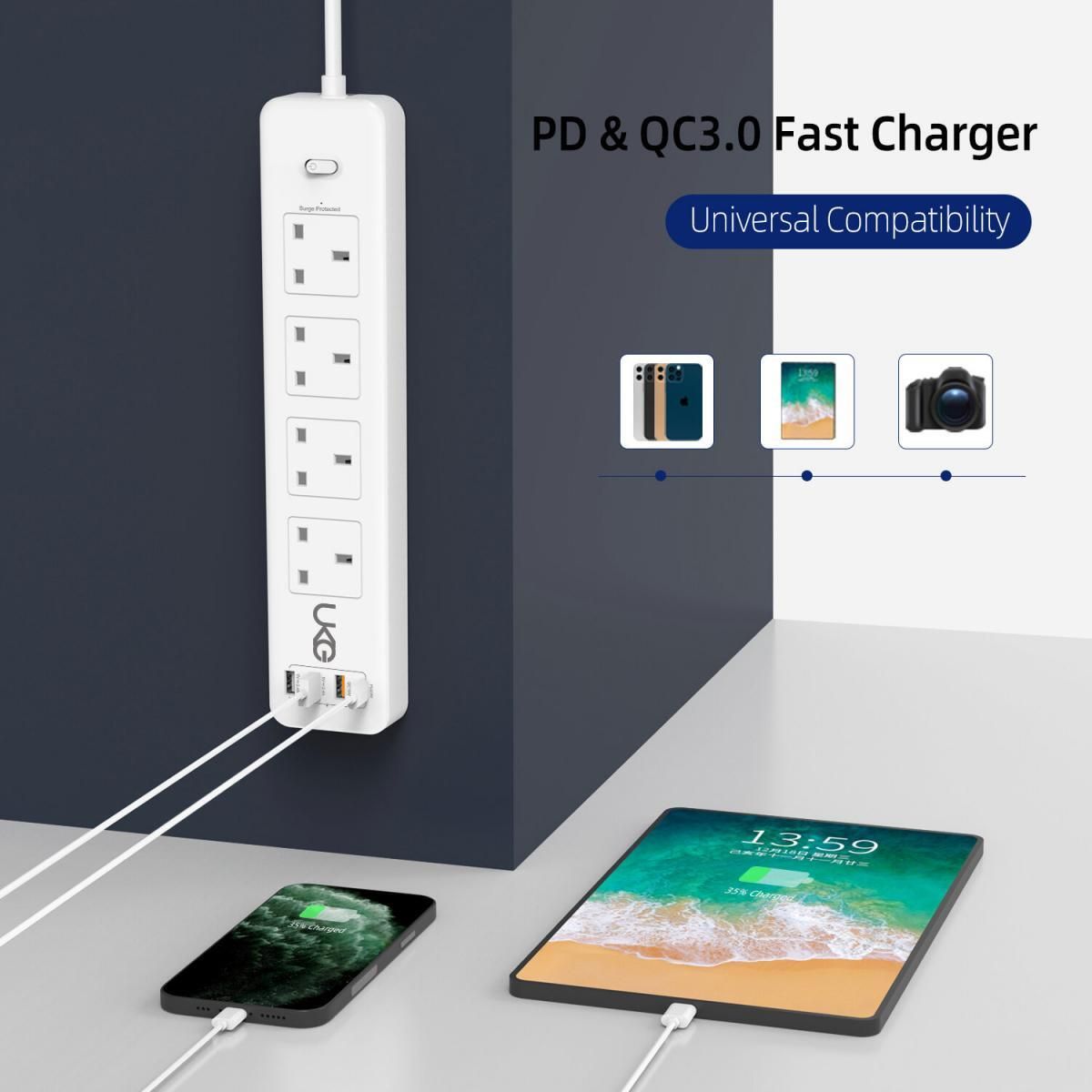 UKG | 拖板 USB拖板 4位13A帶總開關+4USB白色2米電線長條形拖板PD&QC3.0 USB-Cx1+USB-Ax3共享32W排插 ...