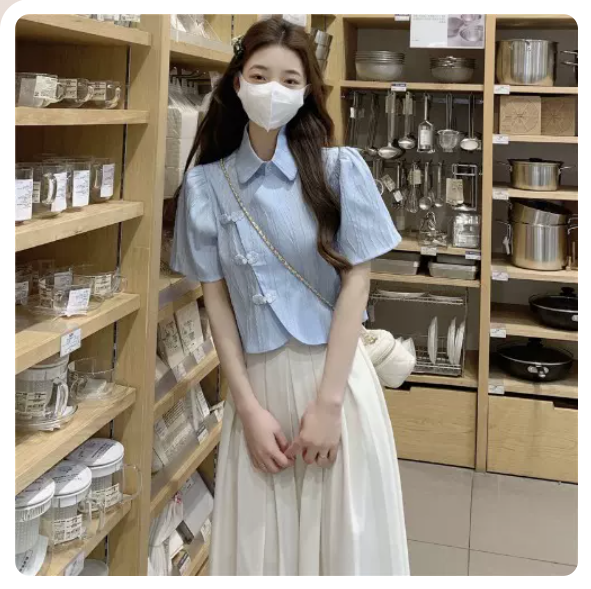 女裝兩件套裝【藍色上衣配杏色裙】(尺碼 S-4XL)(下單後請聯絡客服確認發貨尺碼)#F043048161
