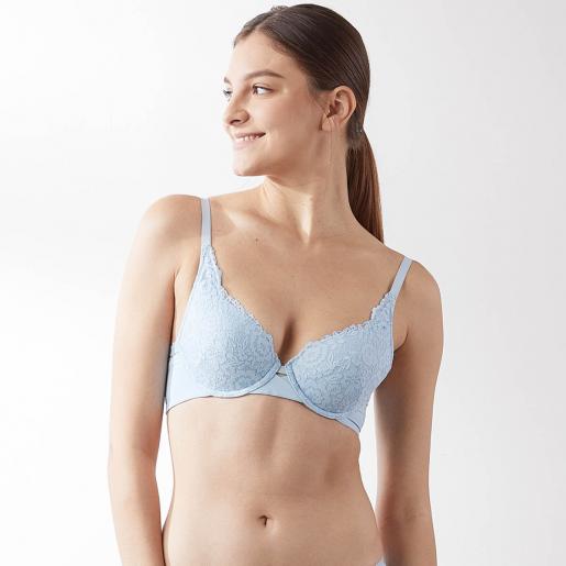 Her own words, Sustainable Herbafoam™ Soft Touch Full Coverage Lightly  lined Lace Bra, Color : Blue, Size : 75C