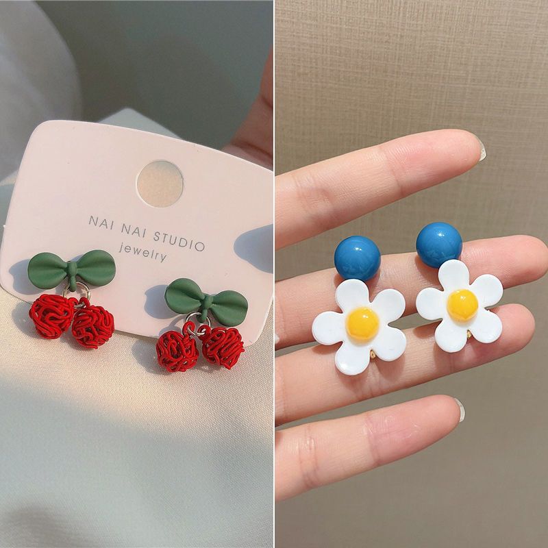 【2對裝】氣質簡約耳環 高級感耳飾(甜美櫻桃耳釘+早春小花）#F001104591