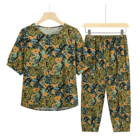 夏季中老年兩件套套裝（藍綠楓葉）【尺碼：XL-3XL】【下單後聯絡客服確認發貨尺碼】F203013153