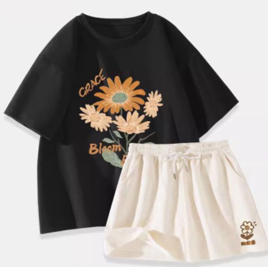 純棉短袖t恤兩件套【黑色（向日花束）+奶白褲】【S-XL碼】（下單後請聯絡客服確認發貨尺碼）#K011002566
