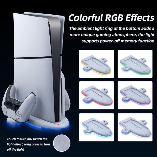 For PS5 Slim Controller Base with RGB Ambient Light, Multi-Functional  Cooling Base Stand Holder for PS5 Slim Accessories,Colorful Vertical  Lighting