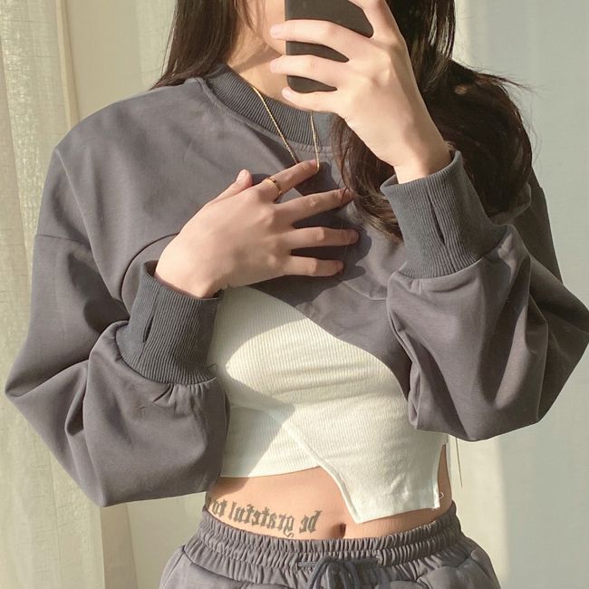 不規則疊穿短款衛衣罩衫(深灰色)(S-L碼)(下單後聯絡客服確認發貨尺碼)#K00400297