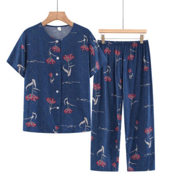夏季中老年兩件套套裝（藏藍丁香）【尺碼：XL-5XL】【下單後聯絡客服確認發貨尺碼】F203013173