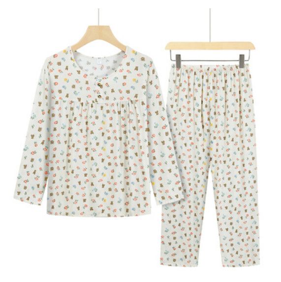 夏季中老年長袖套裝（白底花朵小熊）【尺碼：L-2XL】【下單後聯絡客服確認發貨尺碼】F203013208