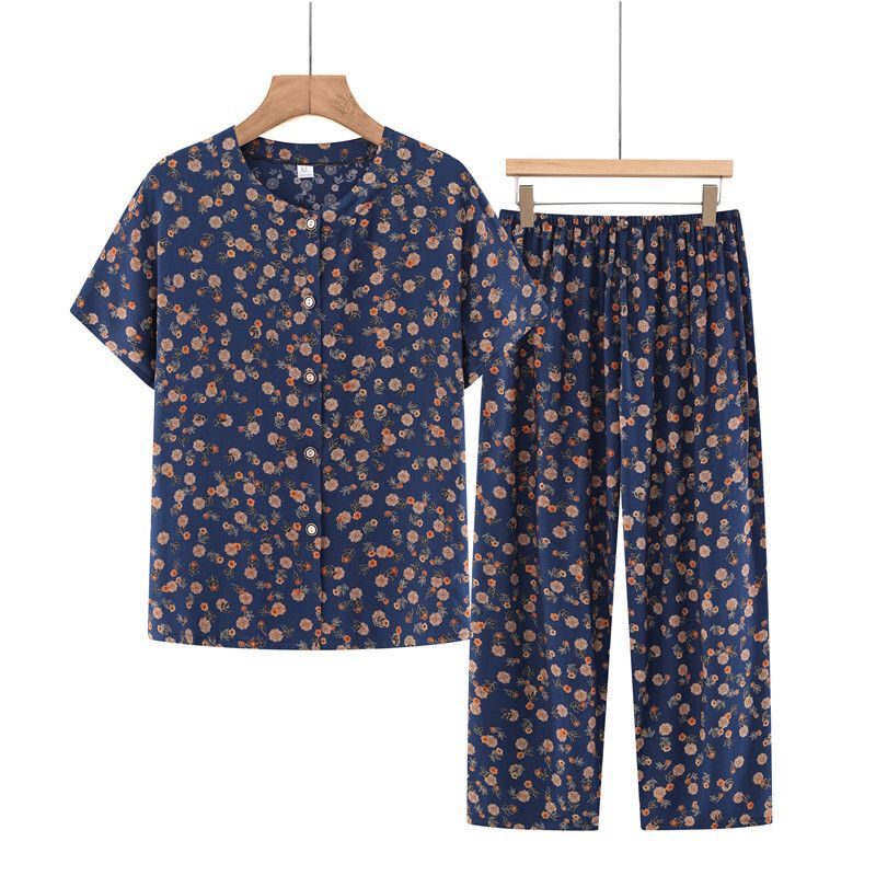 中老年媽媽短袖套裝(XL-4XL碼 寶藍黃花）【下單後請聯絡客服確認發貨尺碼】F001099405
