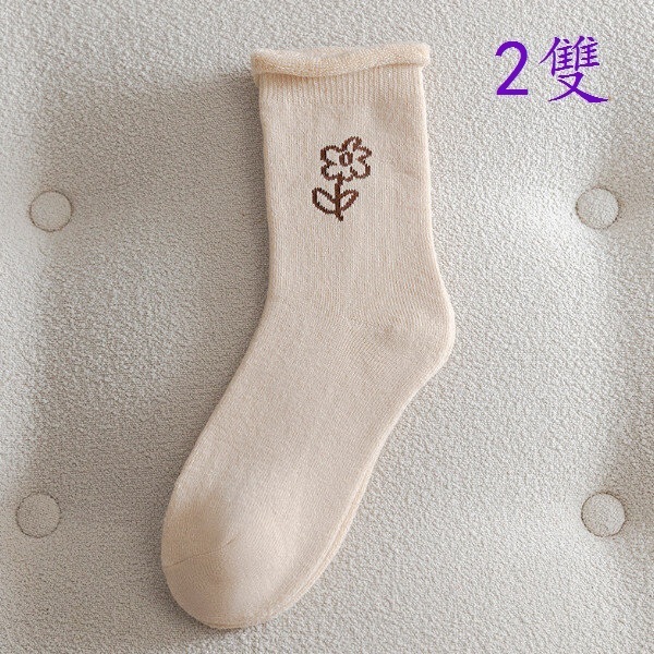 （2雙）冬季加絨保暖中筒月子襪(小花米色)#SKY