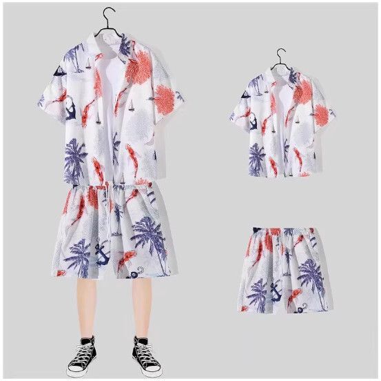 男士沙灘裝冰絲短袖花襯衫套裝【2109白色 一套】(尺碼：M-3XL）【下單後請聯絡客服確認發貨尺碼】#S158036026