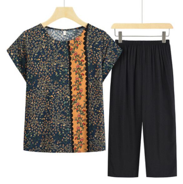 夏季中老年綿綢套裝（藏青色）【尺碼：XL-5XL】【下單後聯絡客服確認發貨尺碼】F203013180