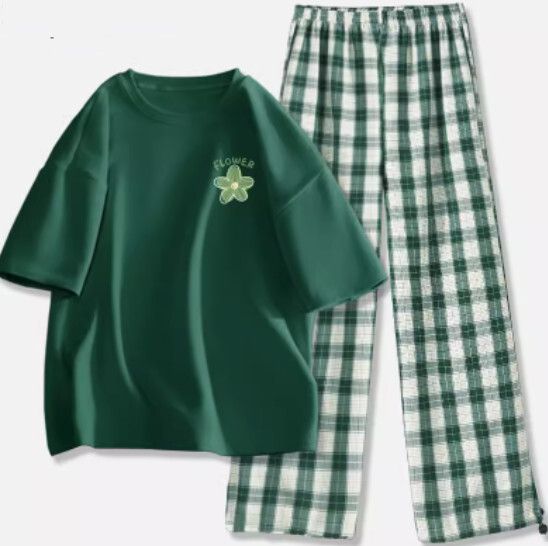 短袖百搭休閒兩件套【墨綠色（清雅花）+深綠褲】【S-2XL碼】（下單後請聯絡客服確認發貨尺碼）#K011002586