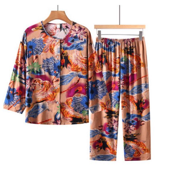 夏季中老年長袖開衫套裝（黃金孔雀花）【尺碼：XL-5XL】【下單後聯絡客服確認發貨尺碼】F203013099