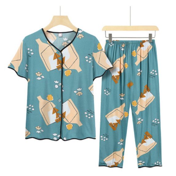 夏季中老年套裝（淺藍瓶子）【尺碼：XL-4XL】【下單後聯絡客服確認發貨尺碼】F203013190