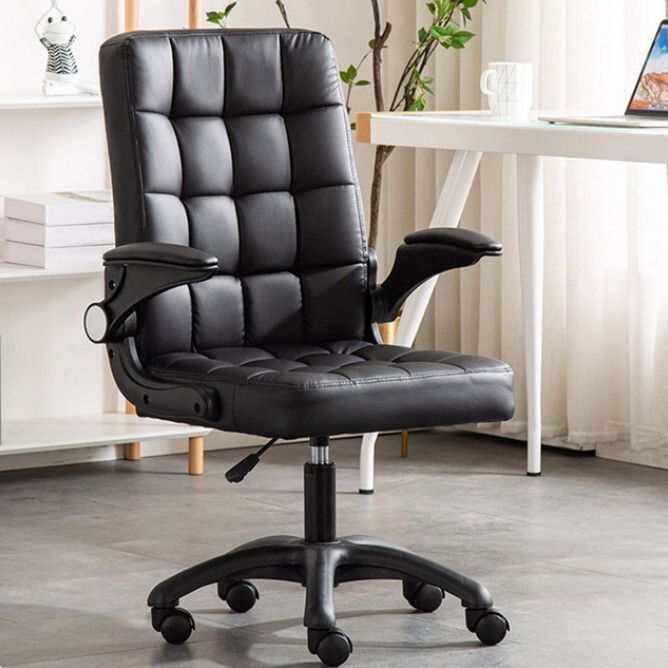 辦公椅電腦椅軟包手撐舒適款椅(黑色皮革,海棉墊款)#H099023343