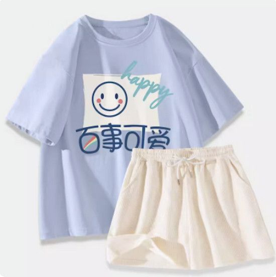 運動套裝【淺藍色（百事可愛）+奶白褲】【S-XL碼】（下單後請聯絡客服確認發貨尺碼）#K011002059