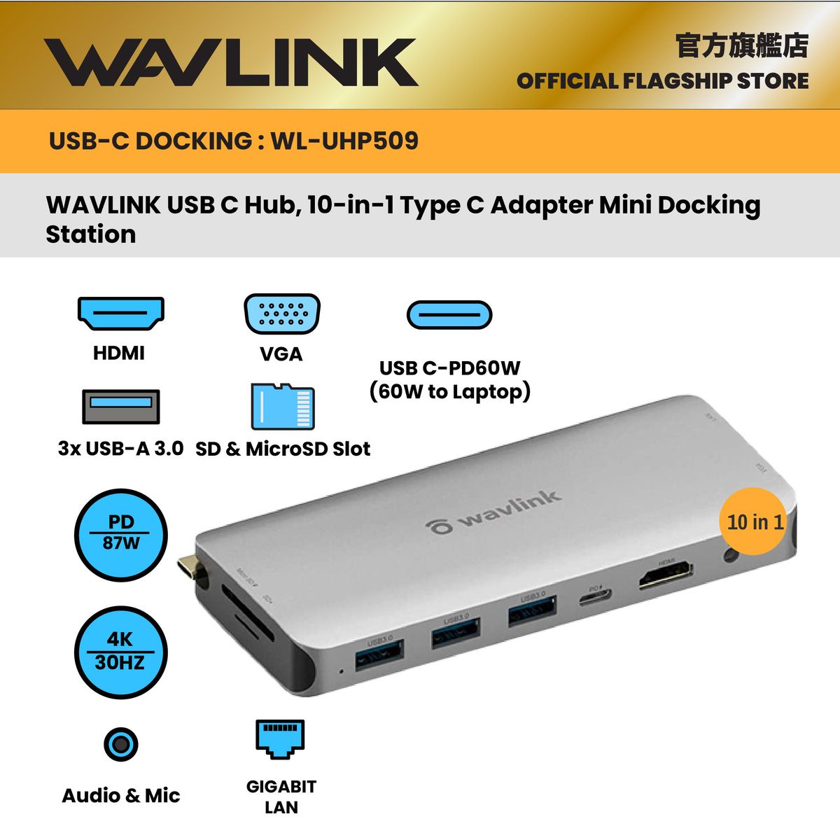 4K Dual Display USB-C Hub USB-C PD charging, 3x USB3.0 hub, GigabitLAN UHP509 1 Year Warranty