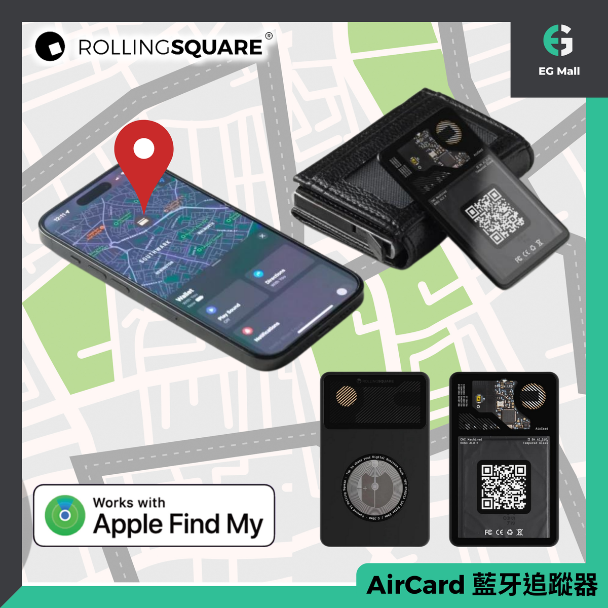  Rolling Square Aircard - Bluetooth Card Sized GPS Tracker with  Business Card NFC/QR Code & Find My Network Compatibility - 2.2mm Super  Thin : Electronics