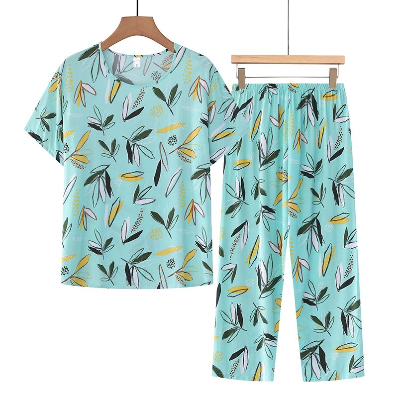 中老年媽媽短袖套裝(XL-4XL碼 翠綠葉子）【下單後請聯絡客服確認發貨尺碼】F001099396