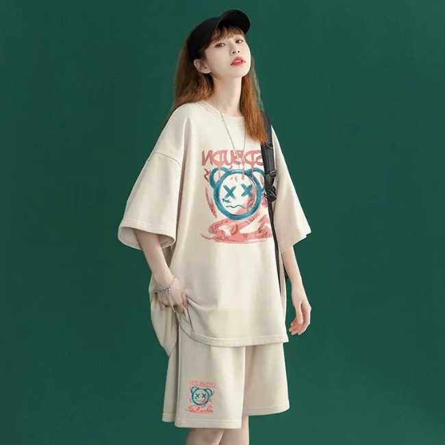 短褲短袖運動套裝（杏色L-3XL）（下單後聯絡客服確認發貨尺碼）#F349001171