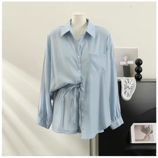 【兩件套】寬鬆薄款防曬襯衫+鬆緊高腰闊腿短褲（天藍色）（均碼）#F038083690