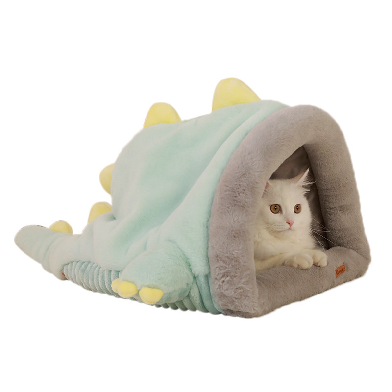 升級款超Q恐龍海綿窩寵物保暖貓睡袋（淡綠偏藍S碼) 半封閉式