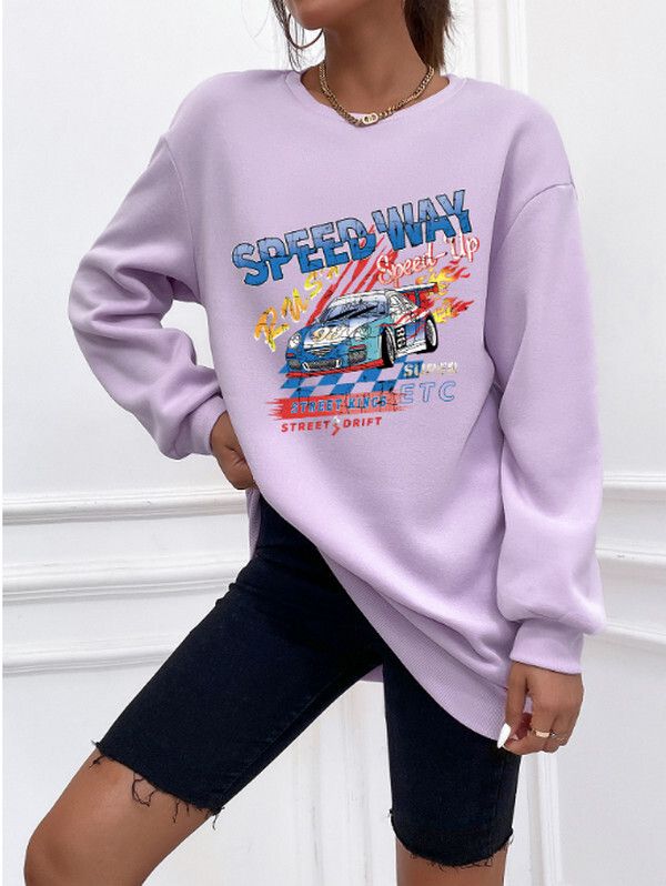 寬松型圓領衛衣女裝-機車印花圖案(紫色)(XS-XL碼) (下單後聯絡客服確認尺碼) #M105035277