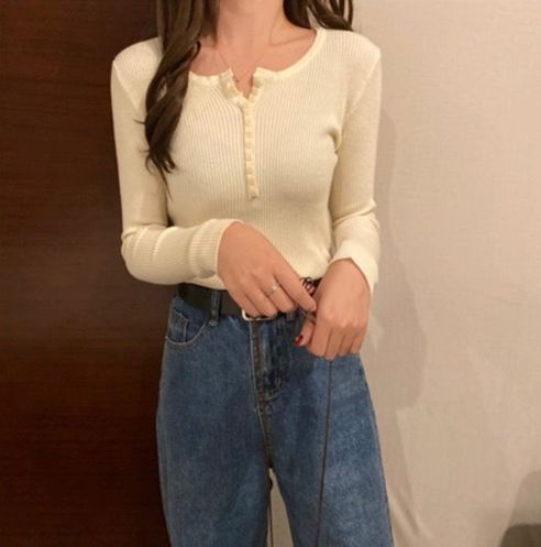 純色長袖針織衫打底衫(杏色,均碼)#F220012187