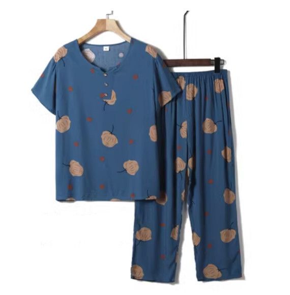 夏季中老年綿綢套裝（簡約深藍色葉子）【尺碼：XL-4XL】【下單後聯絡客服確認發貨尺碼】F203013063