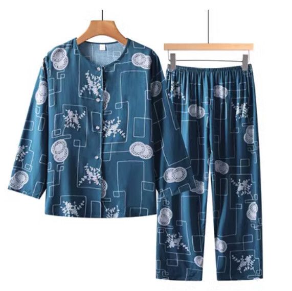 夏季中老年長袖開衫套裝（湖藍色線條）【尺碼：XL-5XL】【下單後聯絡客服確認發貨尺碼】F203013100