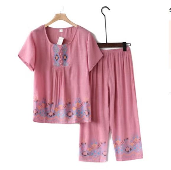 夏季中老年棉麻套裝（A款粉色）【尺碼：XL-4XL】【下單後聯絡客服確認發貨尺碼】F203013014