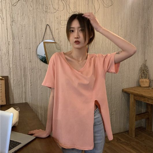 開叉v領短袖t恤【粉色】尺碼【M碼-2XL碼】【下單後聯絡客服確認發貨尺碼】#F128014636