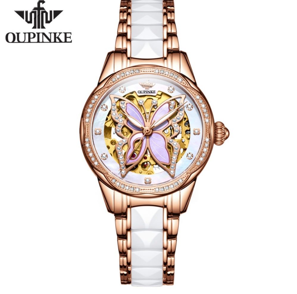 歐品客全自動機械錶女士手錶(間陶瓷鋼帶玫殼白麵女）#S057029129