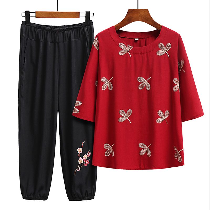 老年人短袖套裝( XL-6XL碼 716酒紅（套裝））【下單後請聯絡客服確認發貨尺碼】F001099161