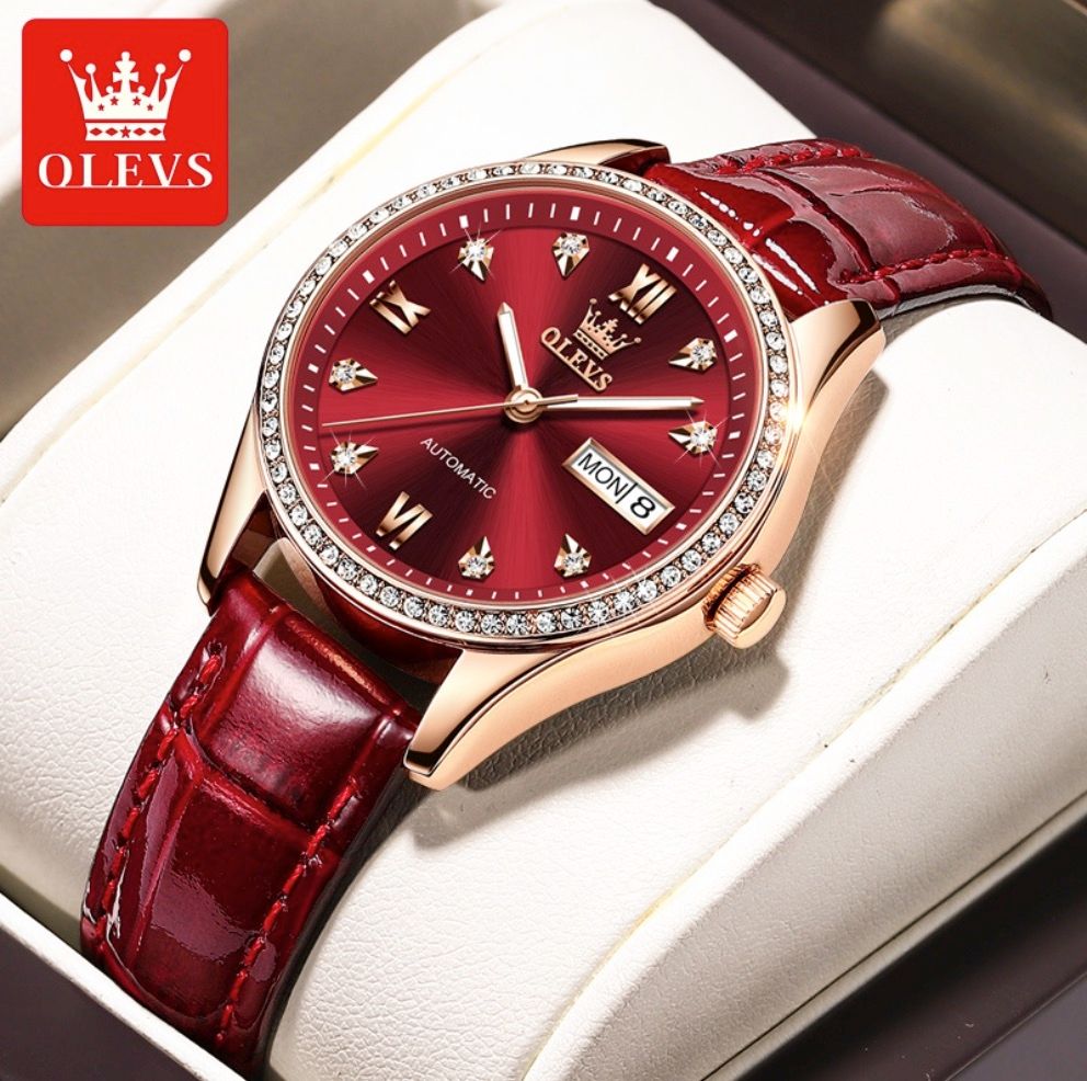 歐利時全自動機械錶女士手錶(酒紅皮玫殼紅面女）#S057029150