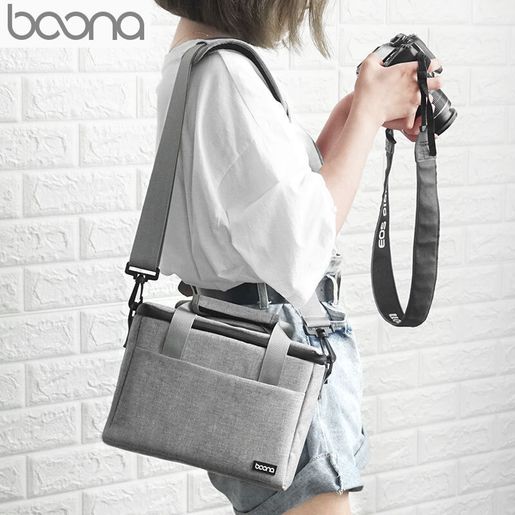 grey camera bag