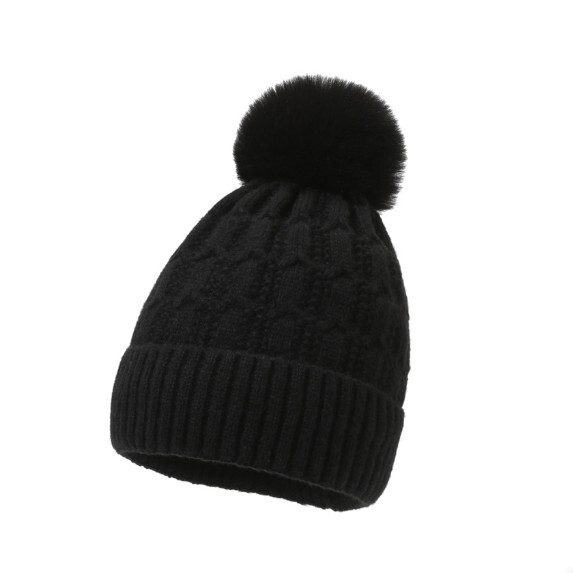 加厚保暖毛球毛線帽女（黑色）#S281022516