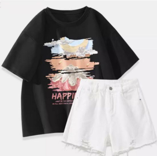 t恤+牛仔短褲【黑色（大油畫夢境）+白褲】【S-2XL碼】（下單後請聯絡客服確認發貨尺碼）#K011002454