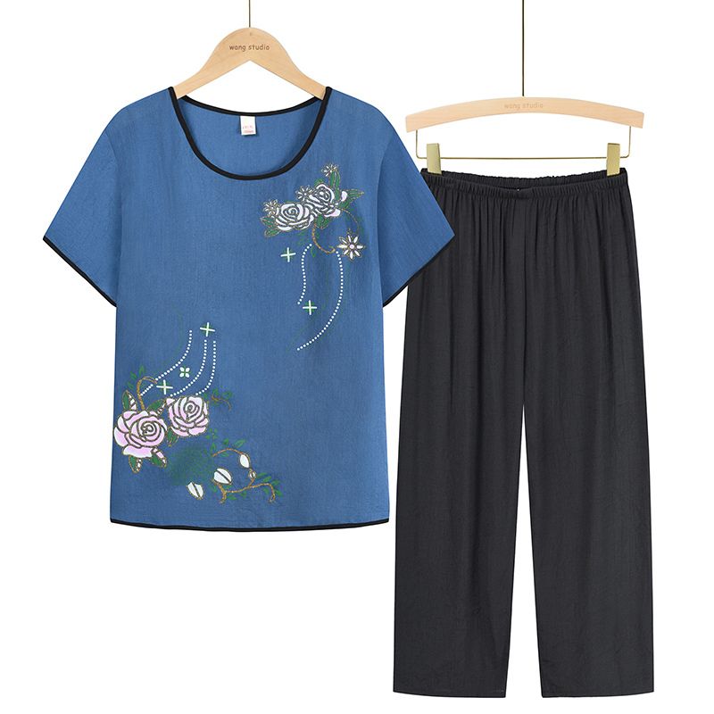 中老年媽媽短袖套裝(XL-4XL碼 藍色）【下單後請聯絡客服確認發貨尺碼】F001099443