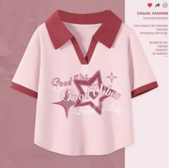 v領t恤polo衫【淺粉色（閃閃星）】【S-2XL碼】（下單後請聯絡客服確認發貨尺碼）#K011002099