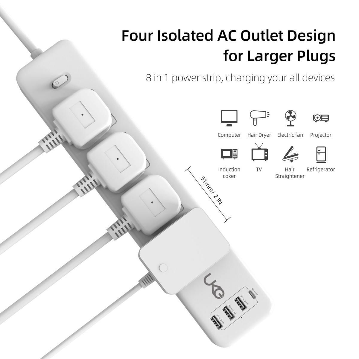 UKG | 拖板 USB拖板 4位13A帶總開關+4USB白色2米電線長條形拖板USB-Cx1+USB-Ax3共享5V3.4A排插 極速快充英 ...