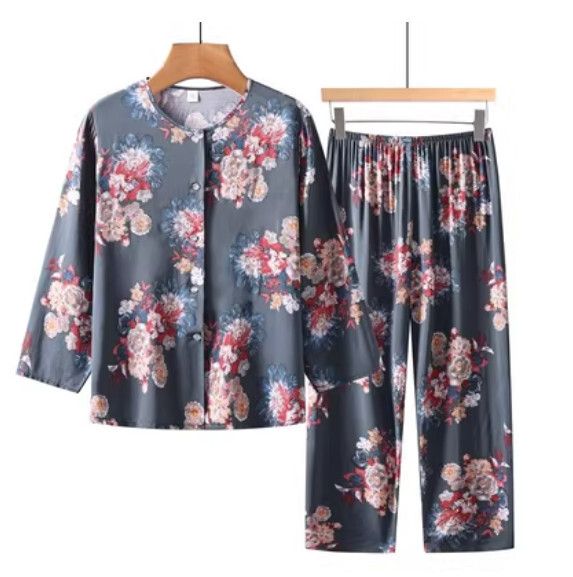 夏季中老年長袖開衫套裝（墨綠色花團）【尺碼：XL-5XL】【下單後聯絡客服確認發貨尺碼】F203013093