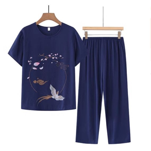 夏季中老年棉麻套裝（藏青色）【尺碼：XL-4XL】【下單後聯絡客服確認發貨尺碼】F203013118