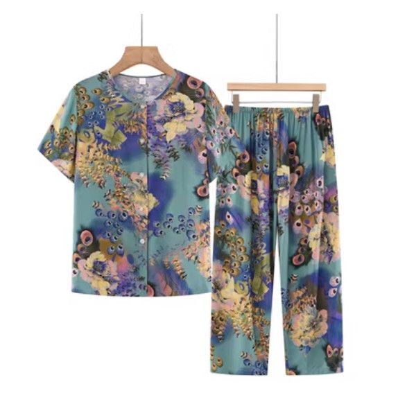 夏季中老年綿綢開衫套裝（孔雀開屏）【尺碼：XL-5XL】【下單後聯絡客服確認發貨尺碼】F203013101