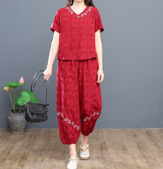 民族風復古休閒套裝【紅色】 (尺碼：L-4XL碼) (下單後聯繫客服確認發貨尺碼)#F158027366