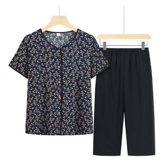 夏季中老年套裝（藏青小棉花套裝）【尺碼：XL-4XL】【下單後聯絡客服確認發貨尺碼】F203013348