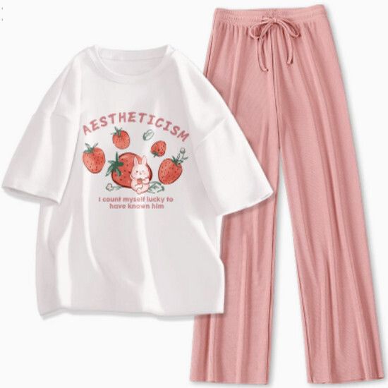 運動休閒套裝【白色（甜莓兔）+粉褲】【S-XL碼】（下單後請聯絡客服確認發貨尺碼）