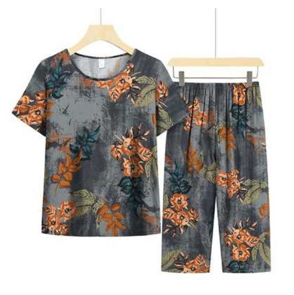 夏季中老年綿綢套裝（暗灰）【尺碼：XL-4XL】【下單後聯絡客服確認發貨尺碼】F203013306